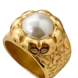 Gold Tone Stainless Steel Plated Flower Pearl Bead Statement Ring Size 6